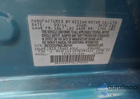 2016 Nissan Versa Note S Plus z USA, uszkodzony, nr VIN 3N1CE2CP9GL392124